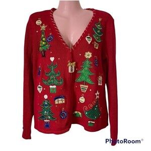 Tiara International Christmas Sweater Small Trees Presents Ornaments Red